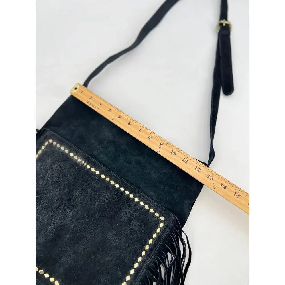 Vintage Steve Madden Black Suede Leather Fringe Studded Crossbody Bag Shoulder